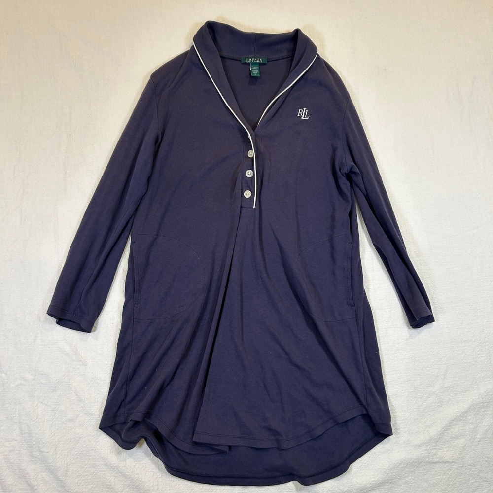 Lauren Ralph Lauren Navy Blue Long Sleeve Sleep Shirt Nightgown Large Pocket